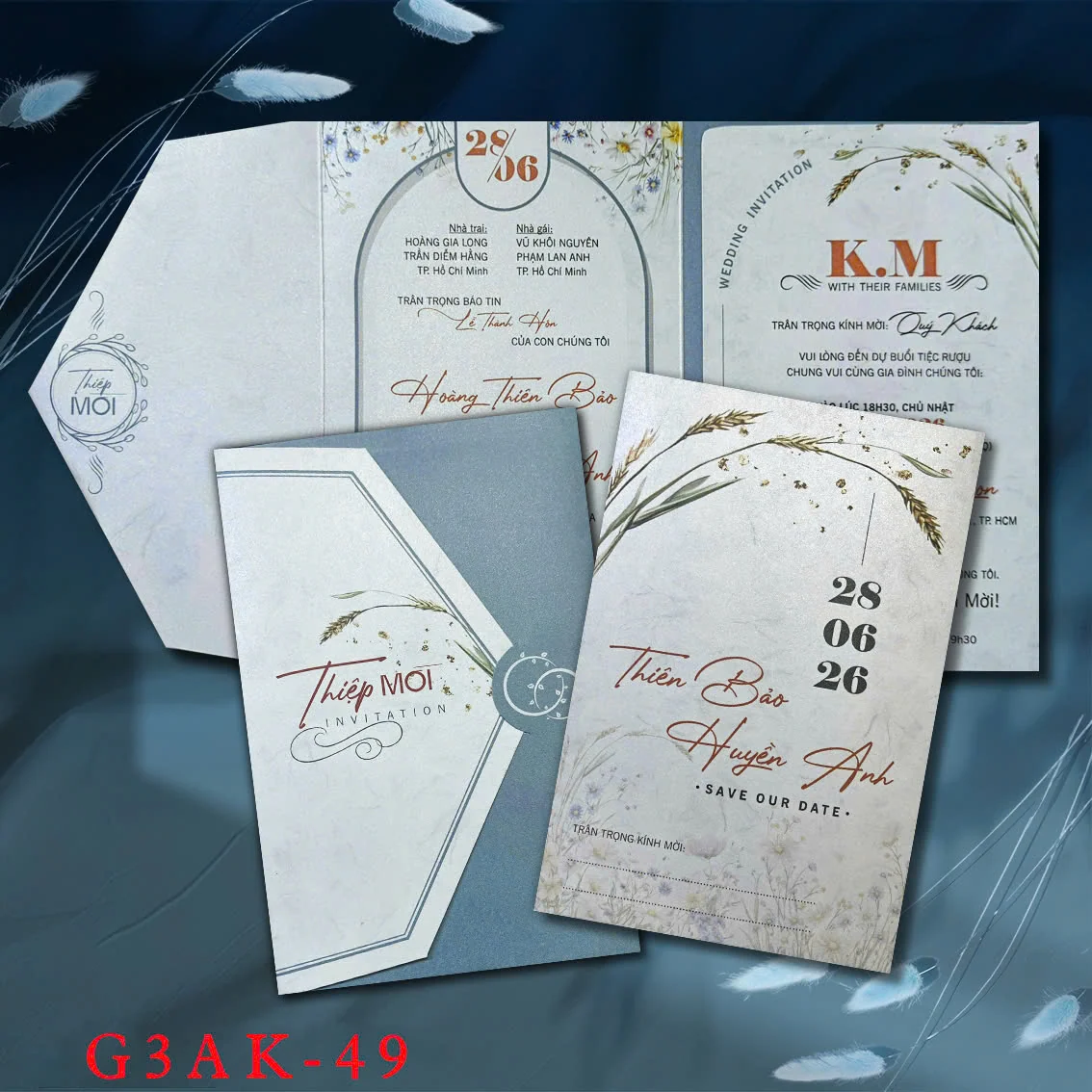 Thiệp cưới xanh navy bông lúa - G3AK-49