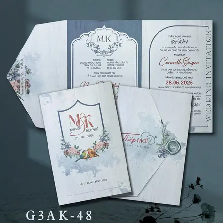Thiệp cưới xanh ghi hoa vintage - mã G3AK-48
